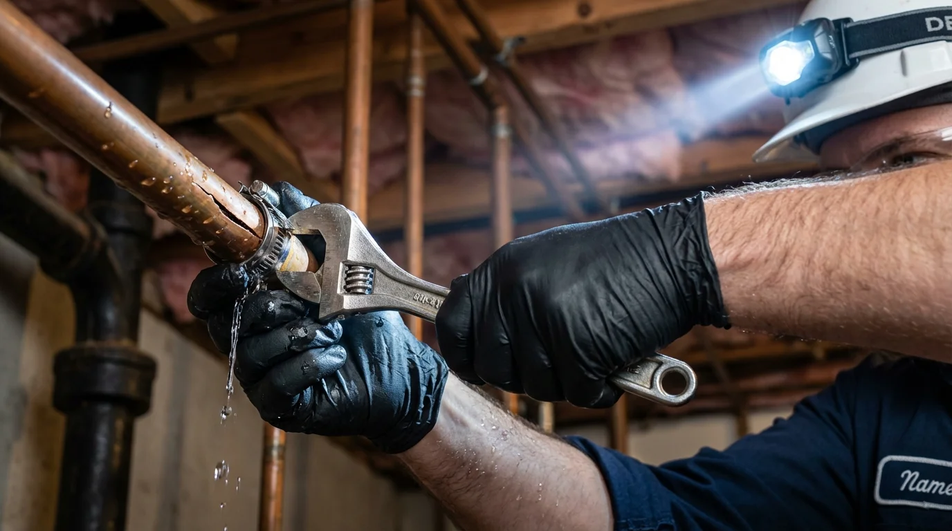 Emergency pipe clamp repair being performed by a Johns Plumbing LLC plumber in Saint Francis