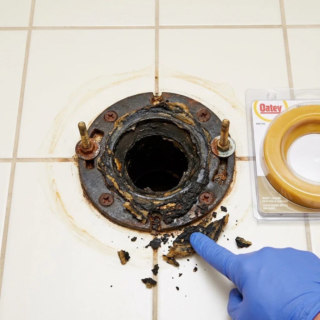 Failed wax ring showing water seepage at the base of a toilet in a Saint Francis, KS home