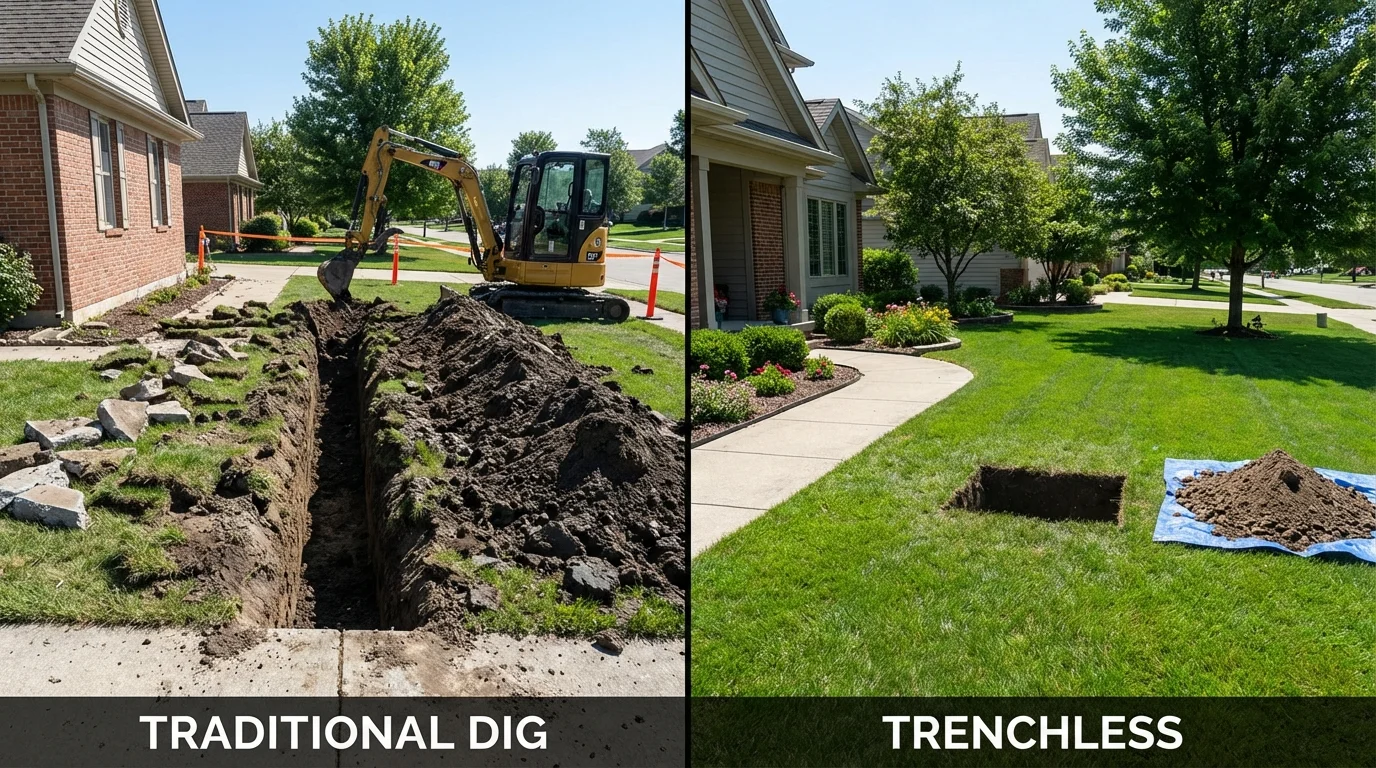 Trenchless sewer repair with minimal yard damage versus traditional excavation in Saint Francis, KS