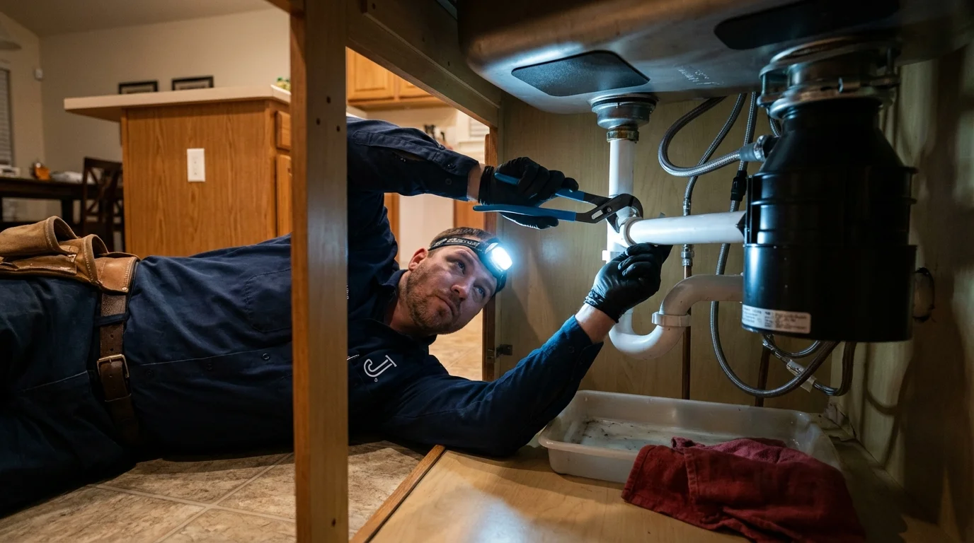 P-trap and supply line connections under a kitchen sink showing a common leak point in Saint Francis, KS